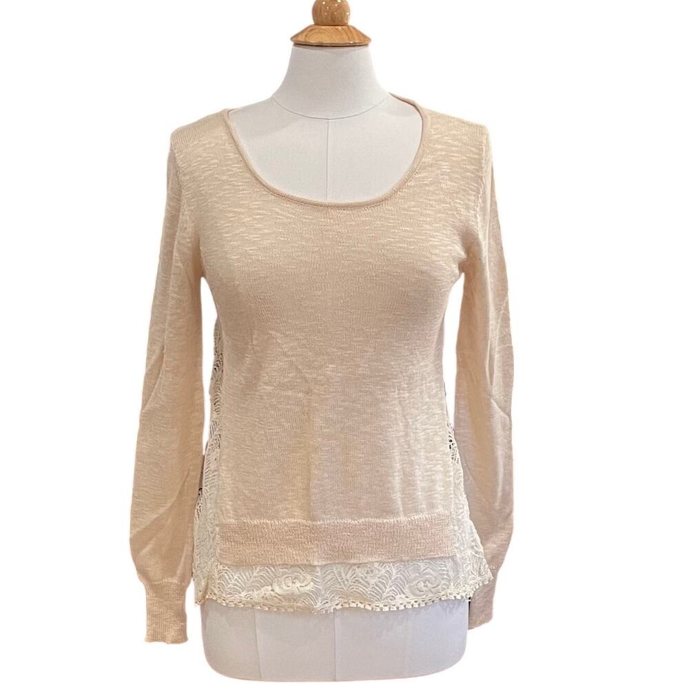 Cream Sheer Floral Lace Cotton Blend Long Sleeve Sweater, Size M